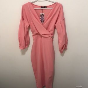Pink off the shoulder midi wrap dress